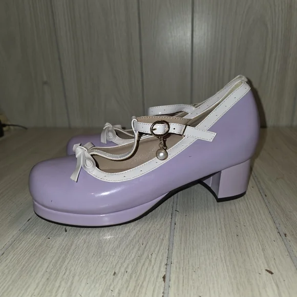 Jingpin Womens Lavender Pin Up Girl Mary Jane Shoes Block Heel Bow Pearl Charm - Picture 6 of 10